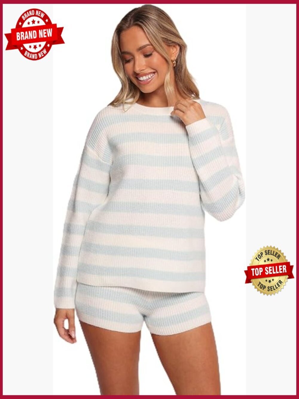 Ladies knitted short set sweater and shorts pull on slim fit lightweight set
